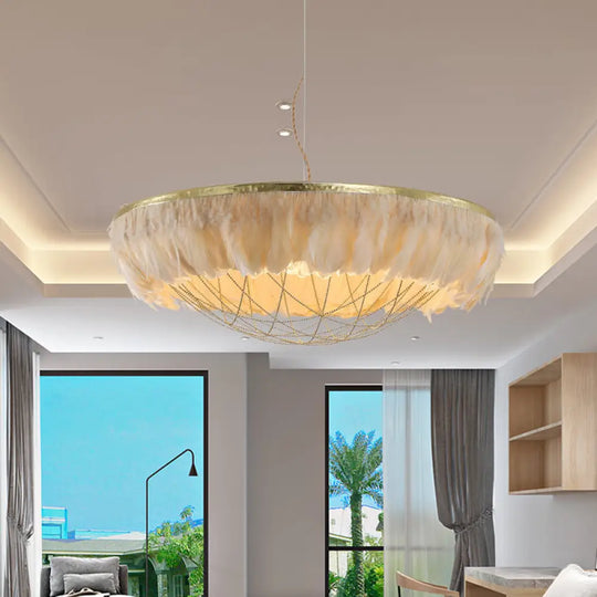 Modern Dome Cage Metallic Chandelier: Gold 2-Bulb Ceiling Lamp With Feather Deco - White Grey Pink
