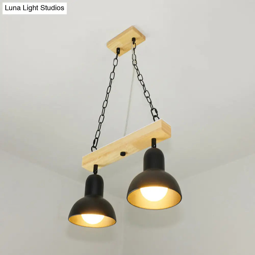 Modern Dome Island Lighting - 2/3 Heads Black/White Metal Pendant Light With Wooden Beam For Kitchen