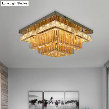 Modern Draping Crystal Lounge Led Flush Mount Ceiling Light - Polished Chrome Round/Square Fixture