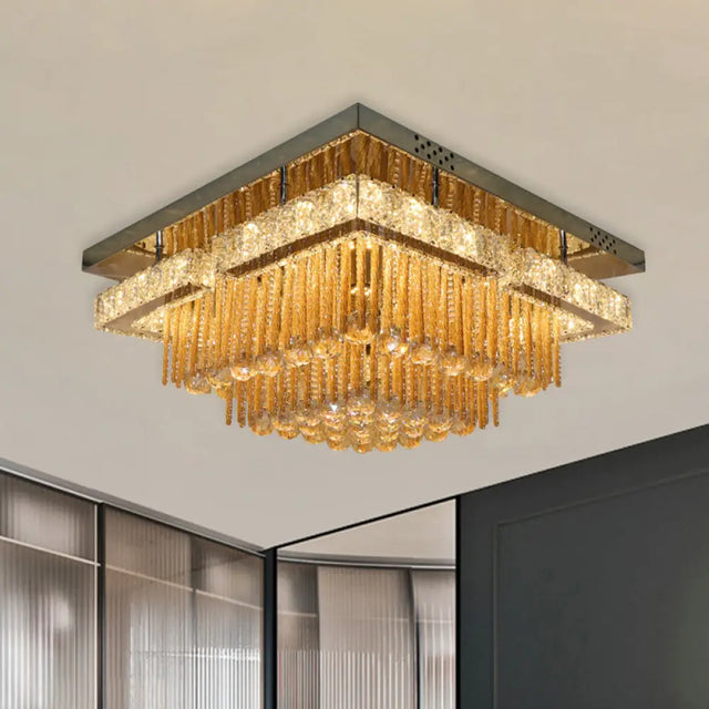 Modern Draping Crystal Lounge Led Flush Mount Ceiling Light - Polished Chrome Round/Square Fixture