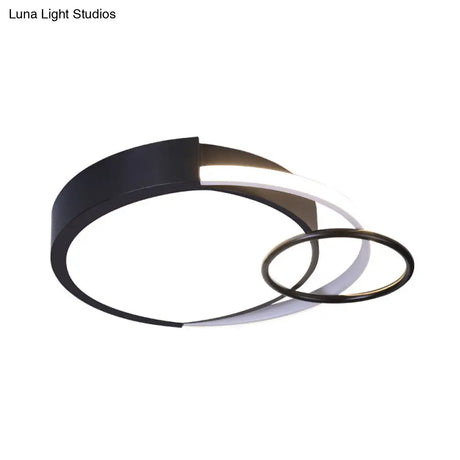 Modern Drum And Ring Metal Flush Mount Ceiling Light Fixture - 19’/23’ W Led Black Warm/White