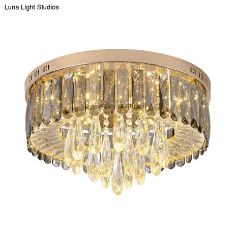 Modern Drum Bedroom Flush Mount Lighting: Smoke Gray Crystal Led Ceiling Lamp