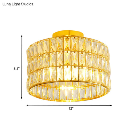 Modern Drum Ceiling Light With Beveled Crystal Inserts - Flush Mount Fixture In Gold