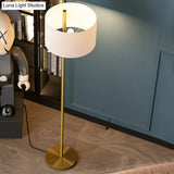 Modern Drum Floor Standing Lamp In Gold With White Fabric Shade - Bedroom Pull-Chain Design