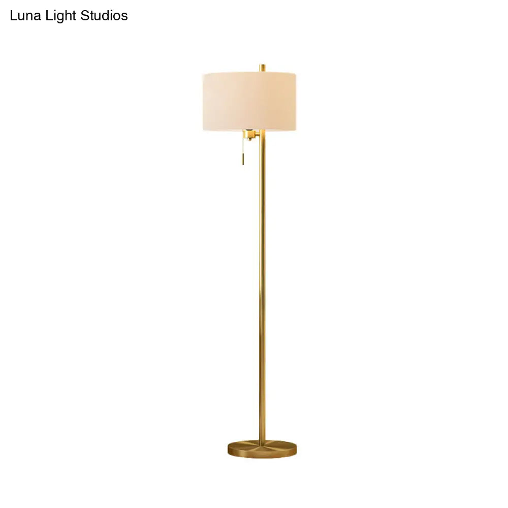 Modern Drum Floor Standing Lamp In Gold With White Fabric Shade - Bedroom Pull-Chain Design