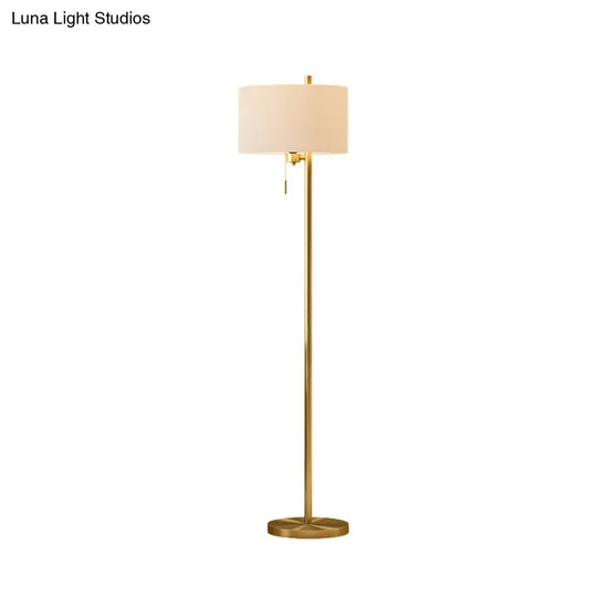 Modern Drum Floor Standing Lamp In Gold With White Fabric Shade - Bedroom Pull-Chain Design