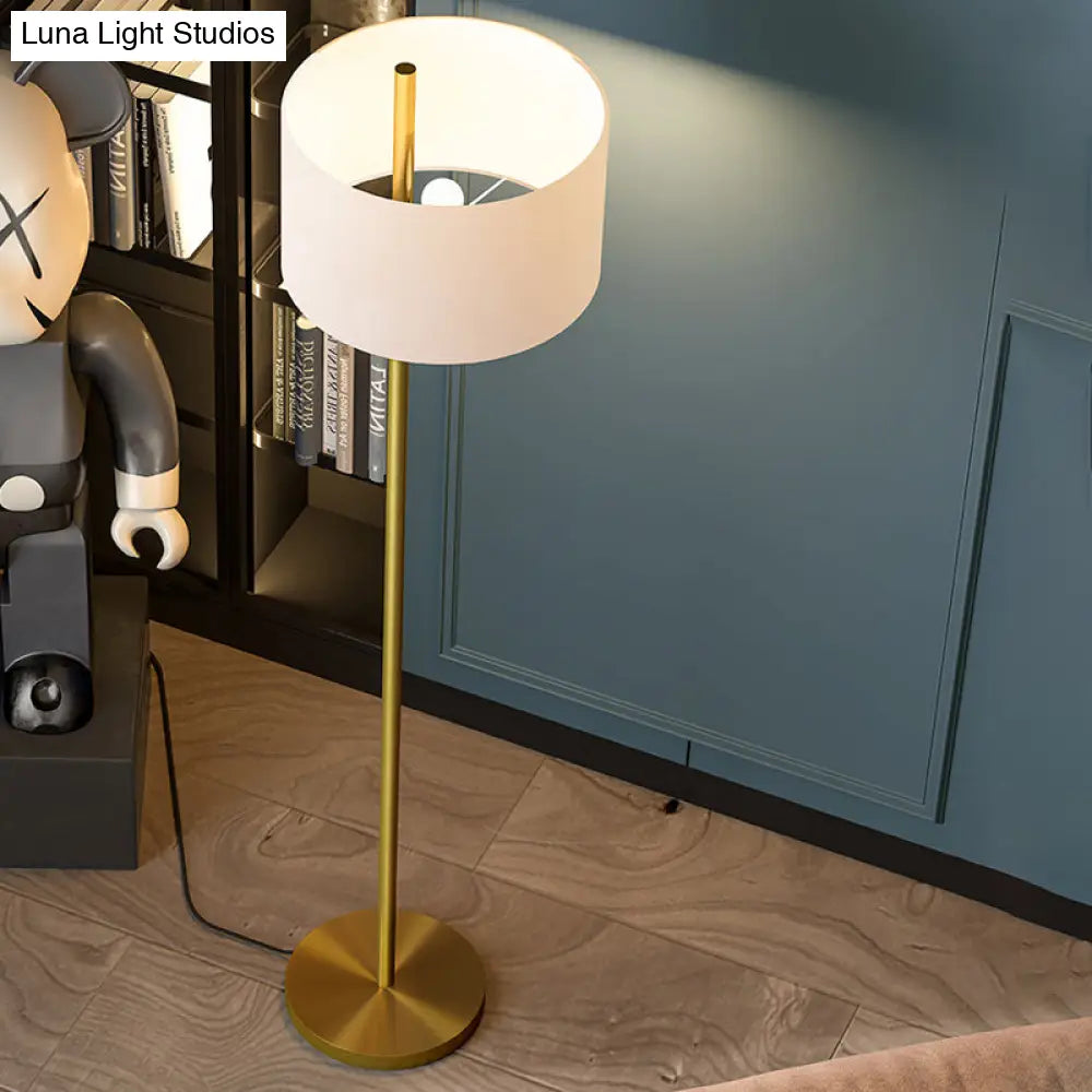 Modern Drum Floor Standing Lamp In Gold With White Fabric Shade - Bedroom Pull-Chain Design
