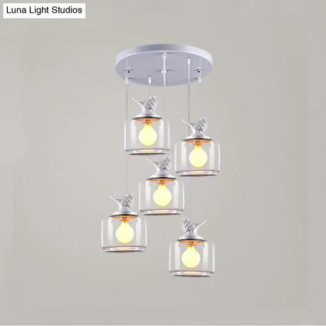 Modern Drum Hanging Lamp With Clear Glass And Bird Deco - Sleek White Ceiling Light For Living Room