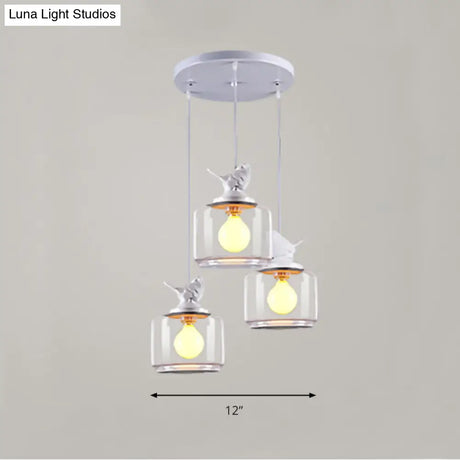 Modern Drum Hanging Lamp With Clear Glass And Bird Deco - Sleek White Ceiling Light For Living Room