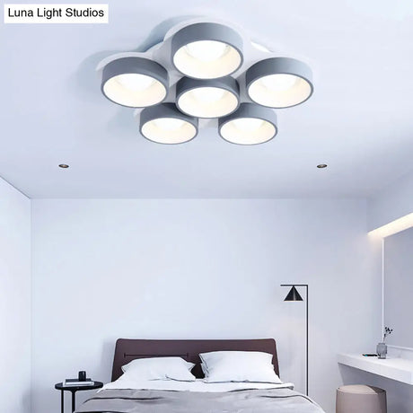 Modern Drum Led Ceiling Lamp - 4/6 Lights Metal 21.5’/32.5’ W Grey Bedroom Flush Mount Lighting