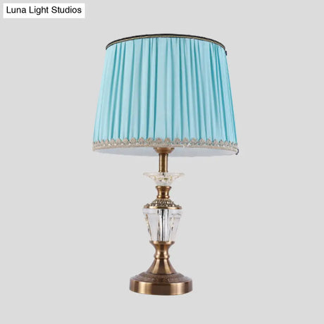 Modern Drum Shade Crystal Reading Light Nightstand Lamp In Blue/Beige