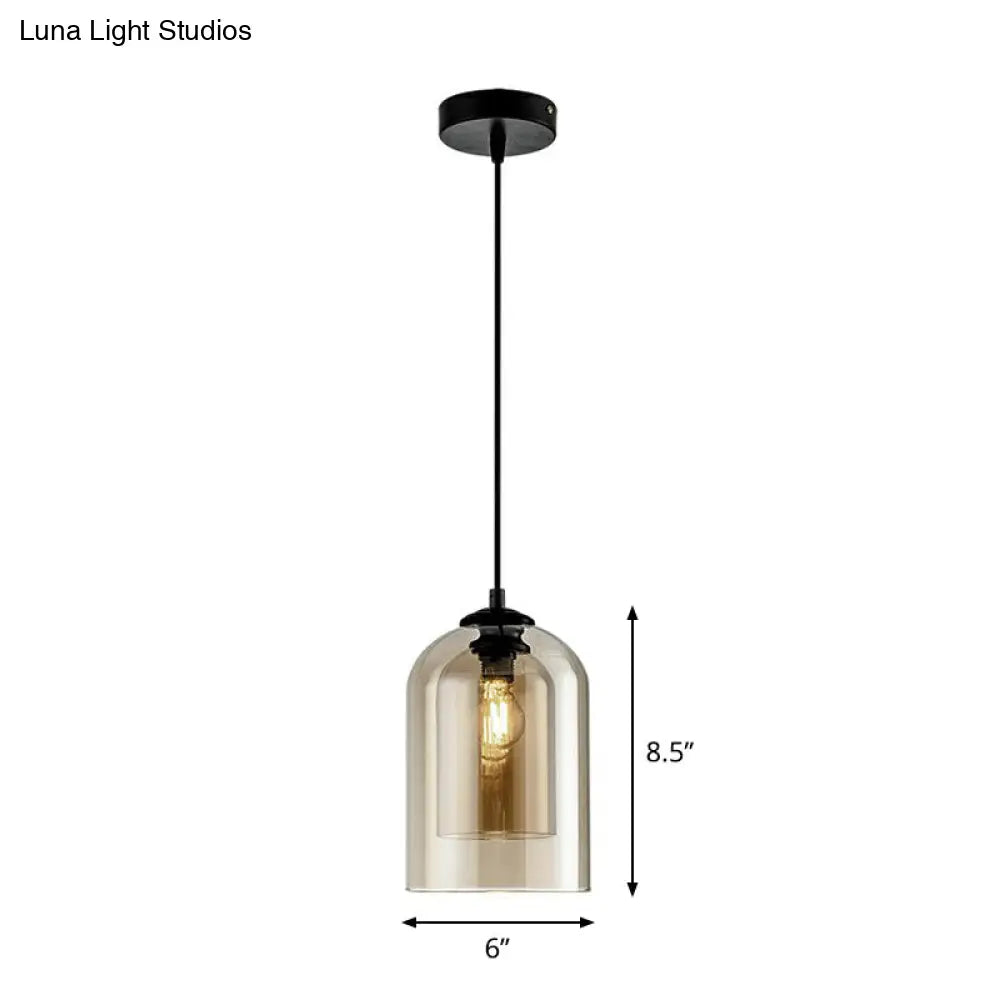 Modern Dual-Glass Pendant Light For Dining Room - Inverted Cup Design Amber