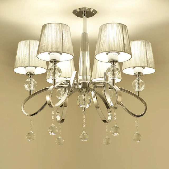 Modern Fabric Cone Chandelier Pendant With Crystal Accents – 6 Heads Chrome Finish