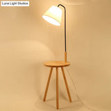 Modern Fabric Cone/Drum/Tapered Floor Lamp With Table & Storage Rack - Black/White/Wood Stand Up