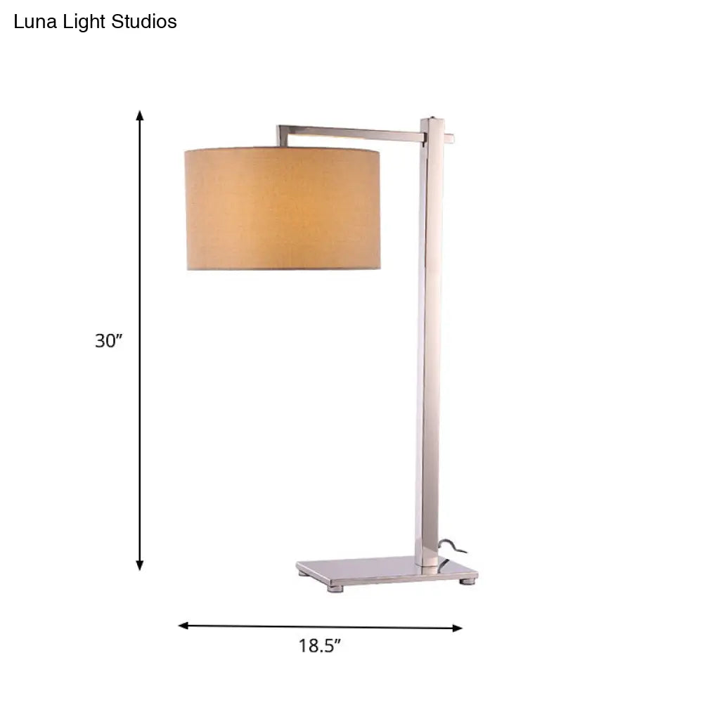 Modern Fabric Short Cylinder Night Lamp With Brown Table Lighting And Tall Steel Stand