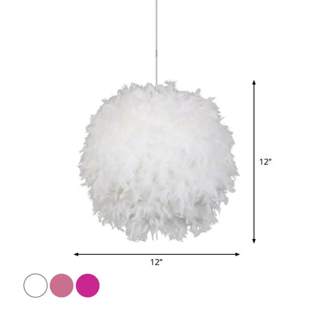 Modern Feather Pendant Light In White/Pink/Rose Red - 12/14/16 Wide Sphere Drop 1 Head For Bedroom
