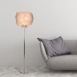 Modern Feather Drum Shade Floor Lamp - White Stand With Crystal Drop Single Bulb Light