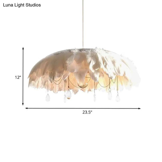 Feather Hanging Lamp: Modern 1-Head Fabric Pendant With Crystal Drop For Living Room (White)