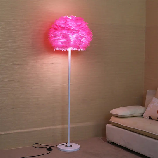 Modern Feather Stand Up Lamp - 18/21.5 Wide Dome Floor Light For Living Room In White/Pink/Orange