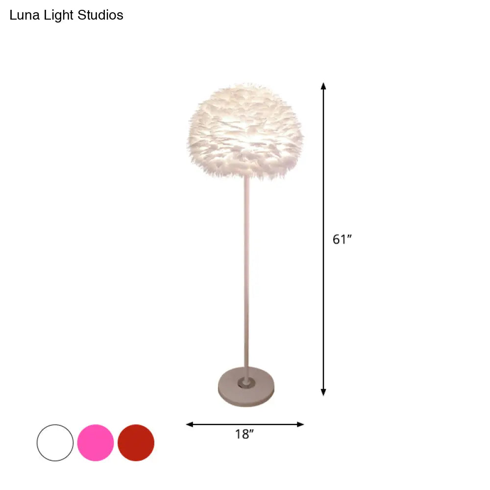 Modern Feather Stand Up Lamp - 18/21.5 Wide Dome Floor Light For Living Room In White/Pink/Orange
