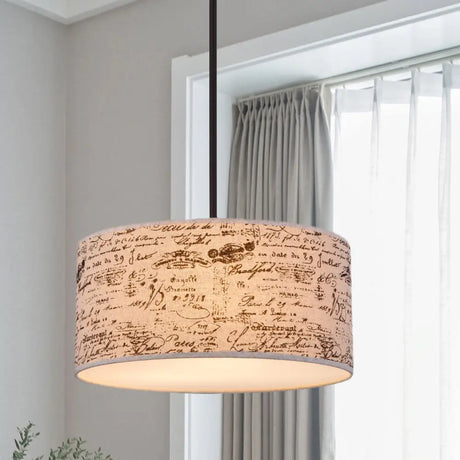 Modern Flaxen Drum Pendant With Script Lamp Shade - 12’/16’ Dia Suspension Lighting / 12’