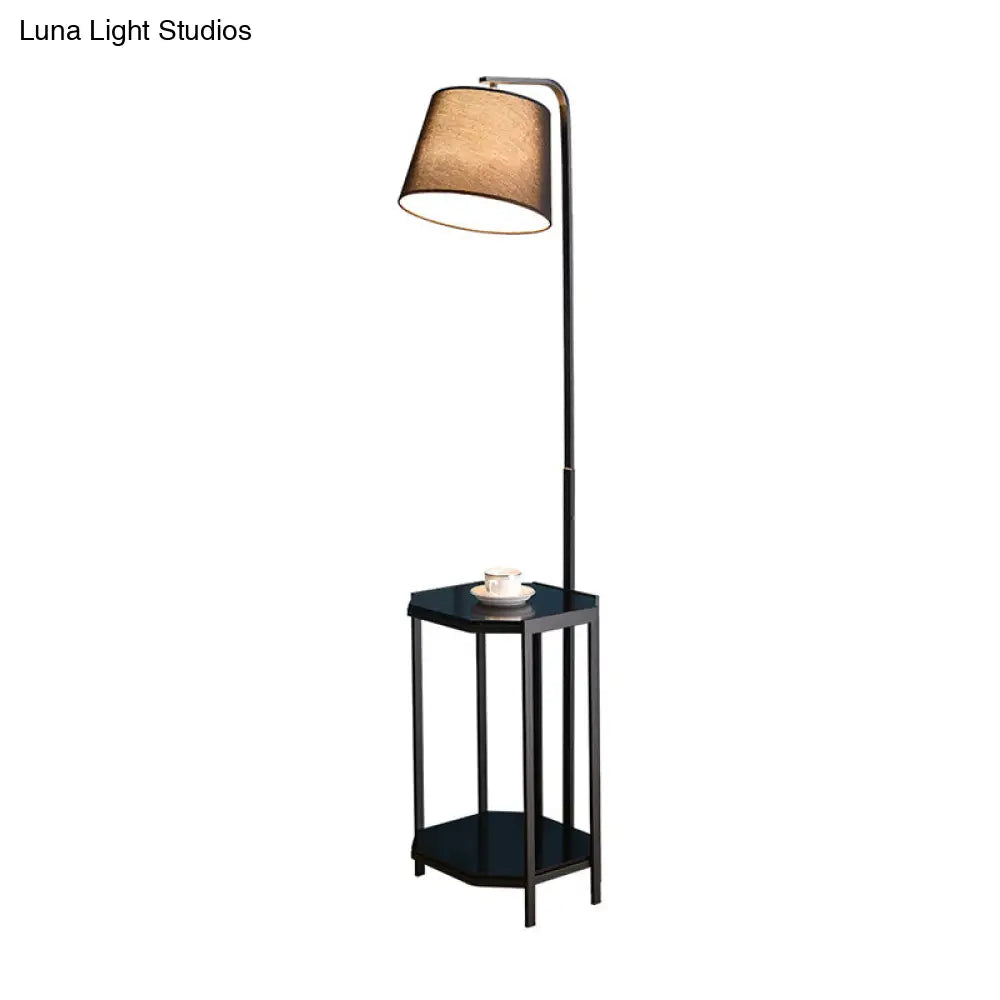 Modern Floor Lamp With 2-Tier Shelf - Bucket Design Fabric Shade