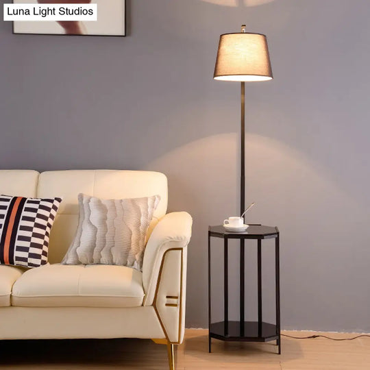 Modern Floor Lamp With 2-Tier Shelf - Bucket Design Fabric Shade