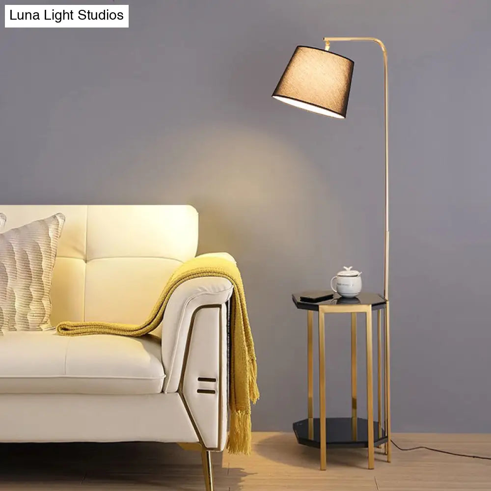 Modern Floor Lamp With 2-Tier Shelf - Bucket Design Fabric Shade