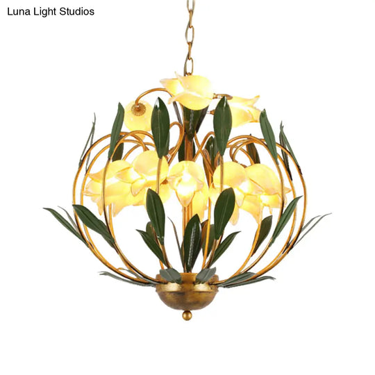 Modern Floral Chandelier: Countryside Brass Led Pendant Light Fixture 15-Bulb Metal Design For