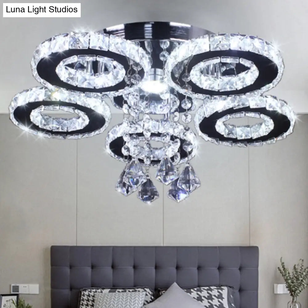 Modern Floral Crystal Semi Flush Ceiling Light - Led Stainless Steel Fixture For Bedroom