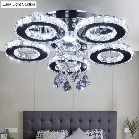Modern Floral Crystal Semi Flush Ceiling Light - Led Stainless Steel Fixture For Bedroom