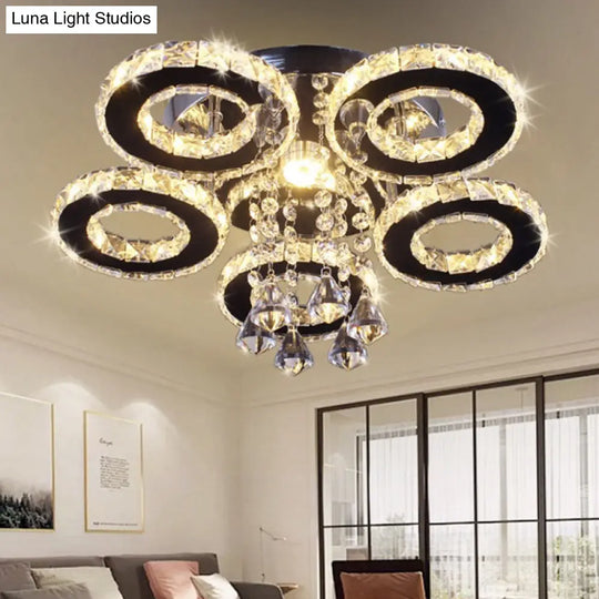 Modern Floral Crystal Semi Flush Ceiling Light - Led Stainless Steel Fixture For Bedroom