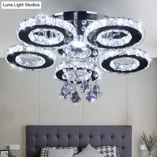 Modern Floral Crystal Semi Flush Ceiling Light - Led Stainless Steel Fixture For Bedroom
