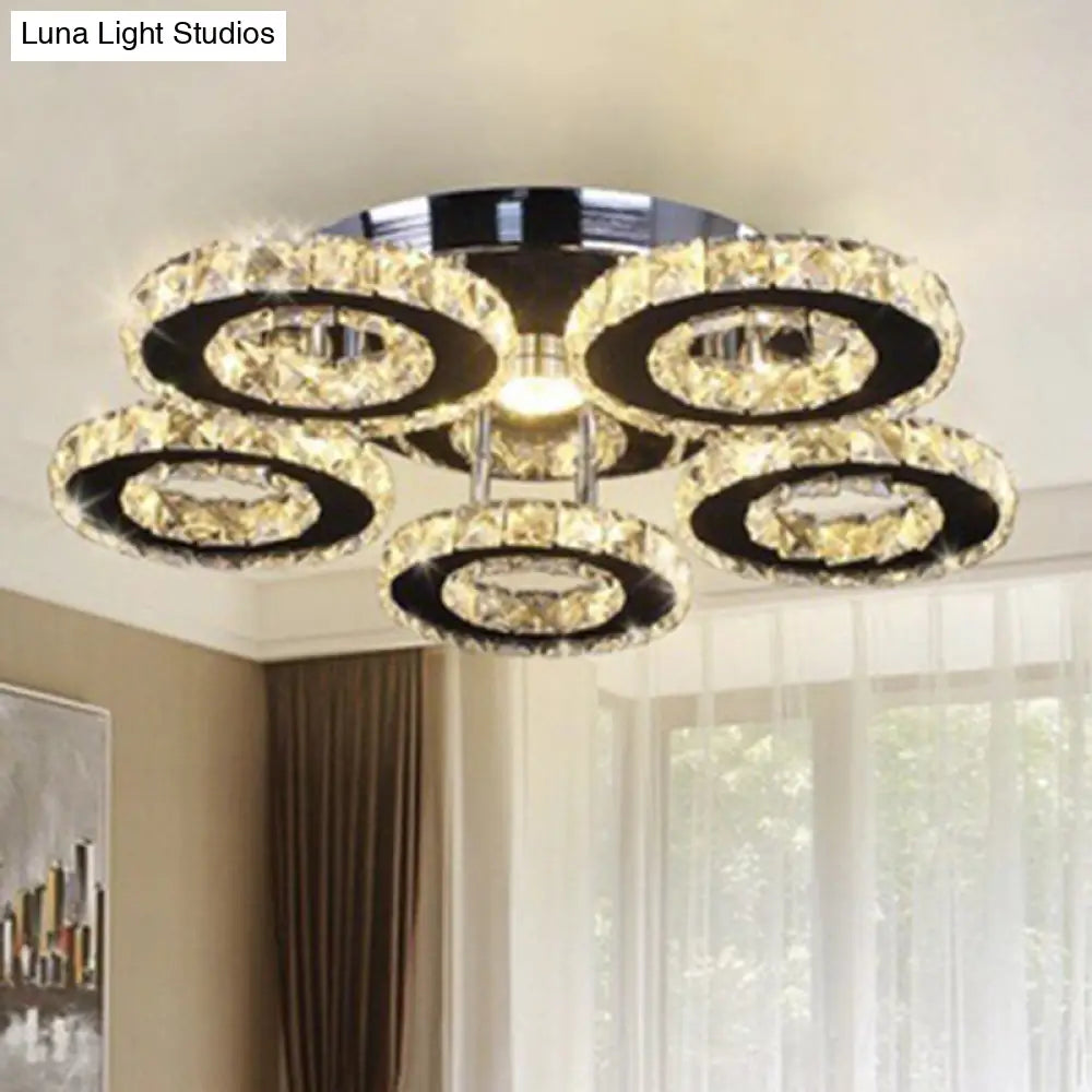 Modern Floral Crystal Semi Flush Ceiling Light - Led Stainless Steel Fixture For Bedroom