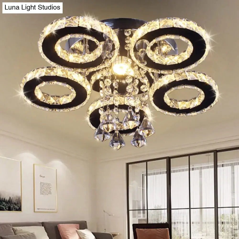 Modern Floral Crystal Semi Flush Ceiling Light - Led Stainless Steel Fixture For Bedroom