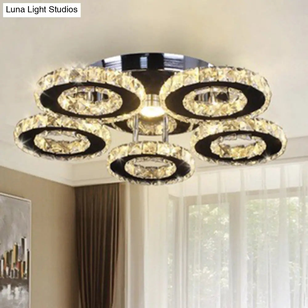 Modern Floral Crystal Semi Flush Ceiling Light - Led Stainless Steel Fixture For Bedroom Stainless