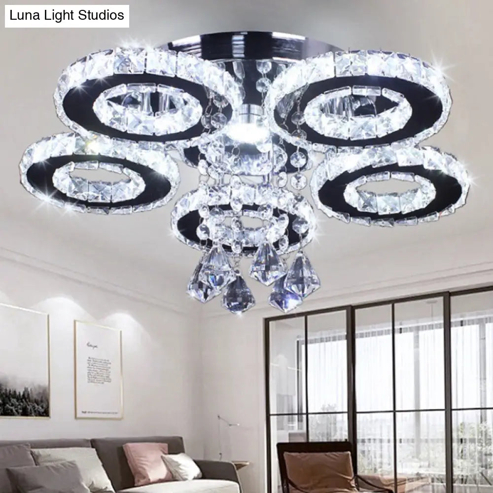 Modern Floral Crystal Semi Flush Ceiling Light - Led Stainless Steel Fixture For Bedroom Stainless