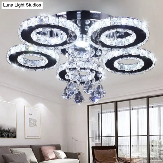 Modern Floral Crystal Semi Flush Ceiling Light - Led Stainless Steel Fixture For Bedroom Stainless