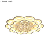 Modern Floral Girls Bedroom Led Flush Ceiling Light With Crystal Ball Drop In White -