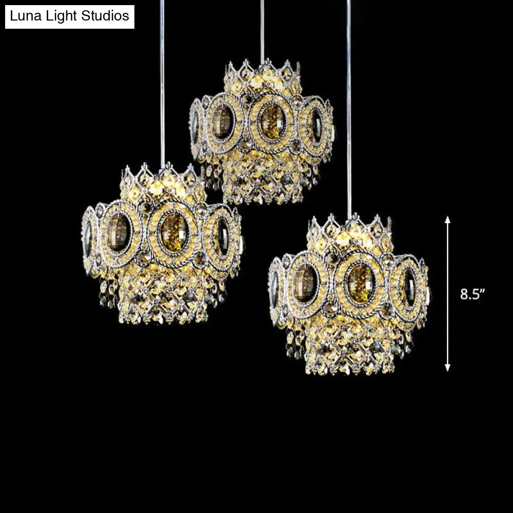 Modern Floral Layered Crystal Pendant Lamp With 3 Bulbs In Chrome Finish