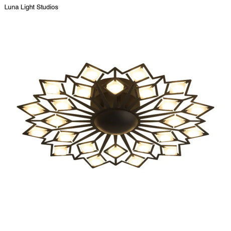 Modern Floral Led Flush Mount Ceiling Lamp In Black And White Metal For Bedroom