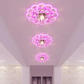 Modern Floral Led Flush Mount Ceiling Light With Beveled Crystal In Red For Porch Pink White And