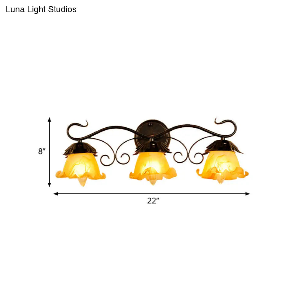 Modern Floral Yellow Glass Vanity Wall Sconce - Stylish 1/2/3-Light Black Finish Mount Lighting