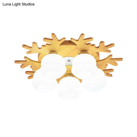 Modern Flush Ceiling Lamp With Wood Antler Design - White Glass Jar Fixture 5/7 Bulbs Beige Mount
