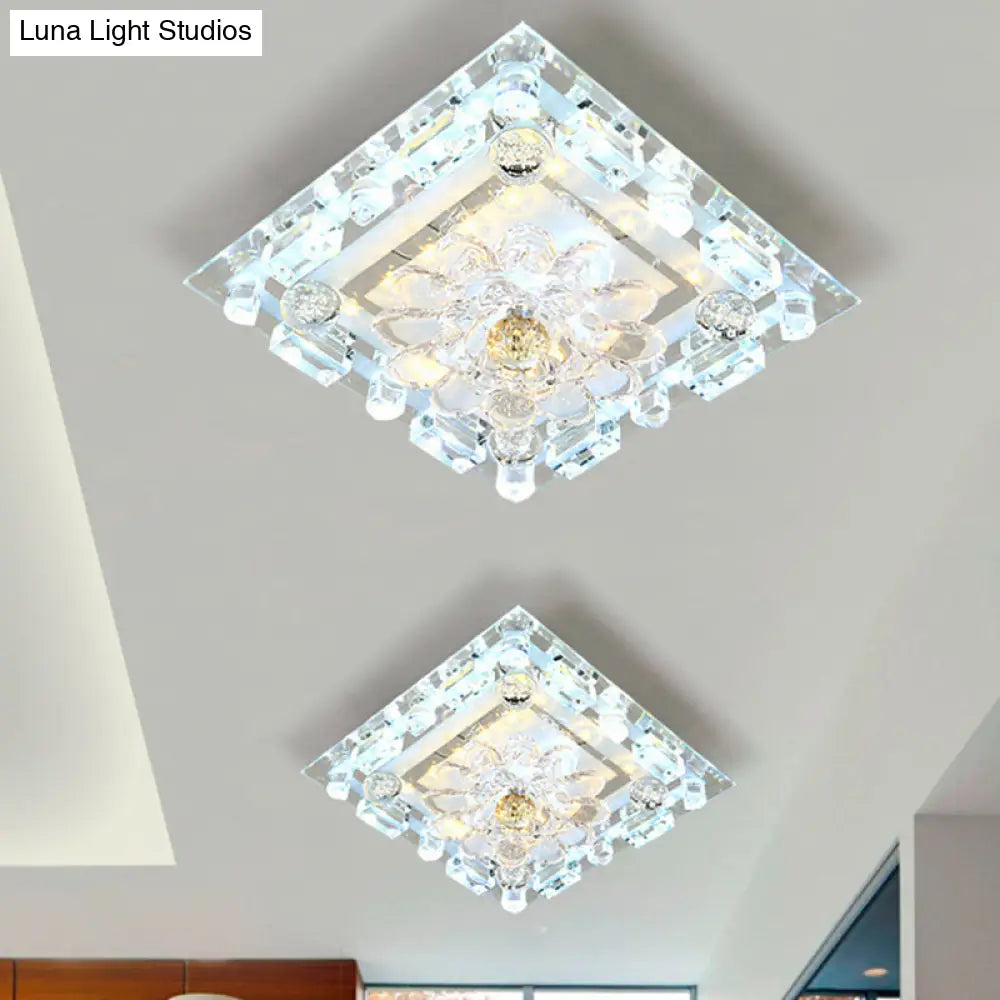Modern Flush Mount Led Ceiling Light With Clear Crystal Square Design And Scalloped Shade In