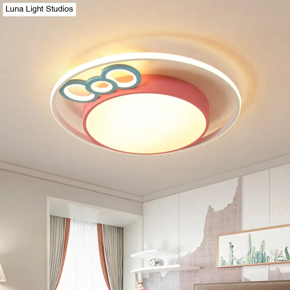 Modern Flush Mount Pendant Light With Blue/Pink Led Glow For Bedroom - Acrylic Drum Design Pink