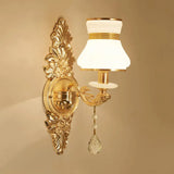 Modern Frosted Glass Bell Shade Wall Sconce With Gold Carved Backplate 1 /