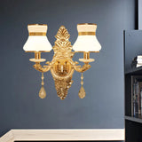 Modern Frosted Glass Bell Shade Wall Sconce With Gold Carved Backplate 2 /