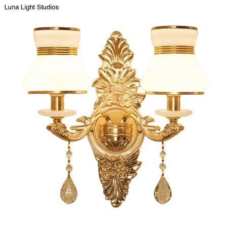 Modern Frosted Glass Bell Shade Wall Sconce With Gold Carved Backplate
