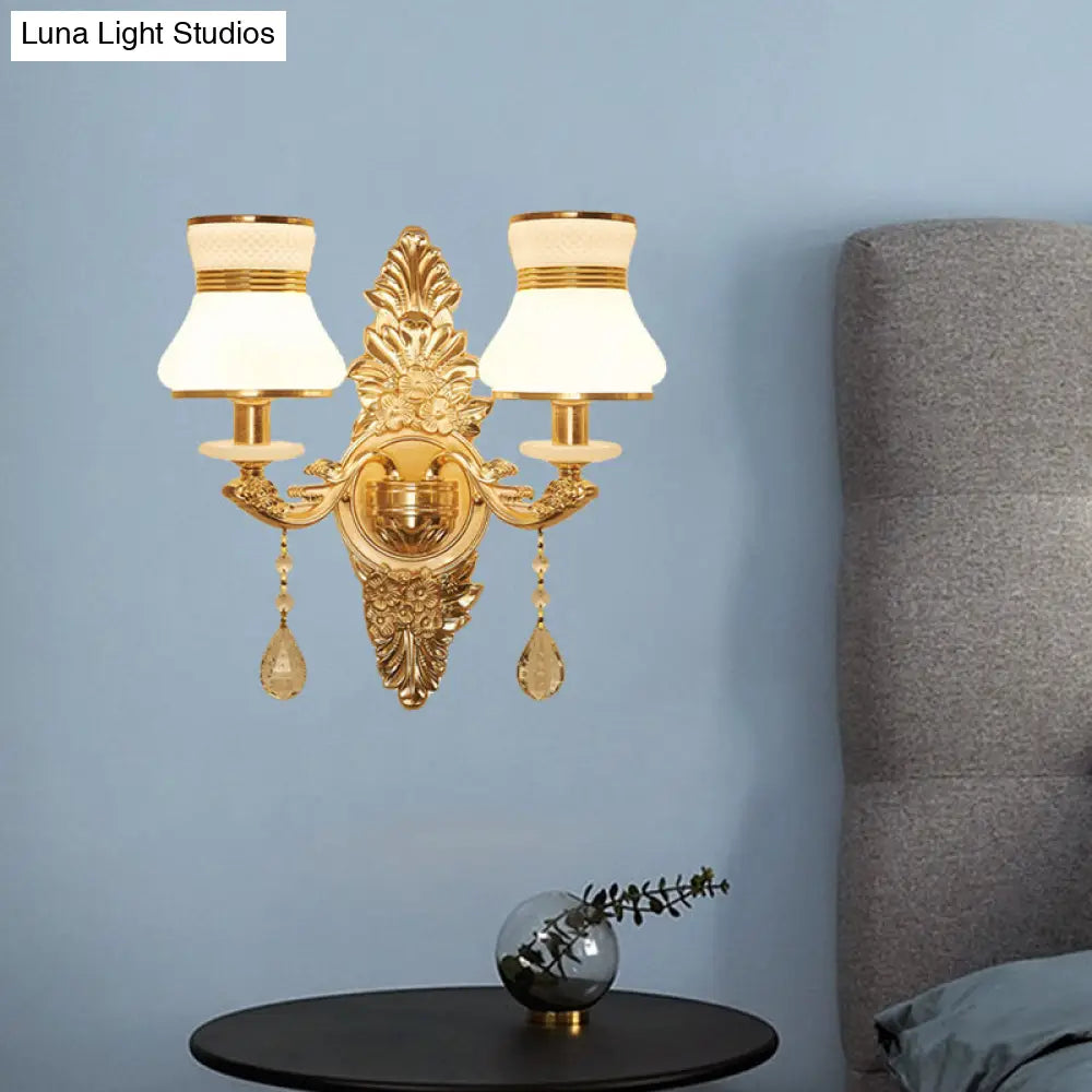 Modern Frosted Glass Bell Shade Wall Sconce With Gold Carved Backplate